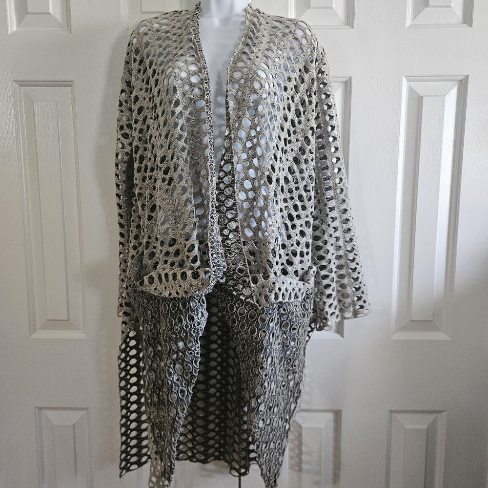Heydari Womens Cardigan M Vintage Open Mesh Artsy Gray Lagenlook Duster FLAW